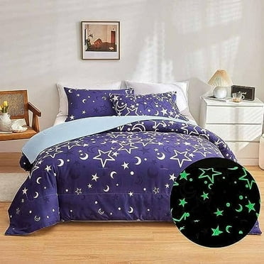 Galaxy Glow in The Dark Comforter Set for Girls Kids Queen Purple Universe Starry Night Bedding Set Super Soft Outer Space Stars Moon Comforter Girl Bedroom Glow Twin Size