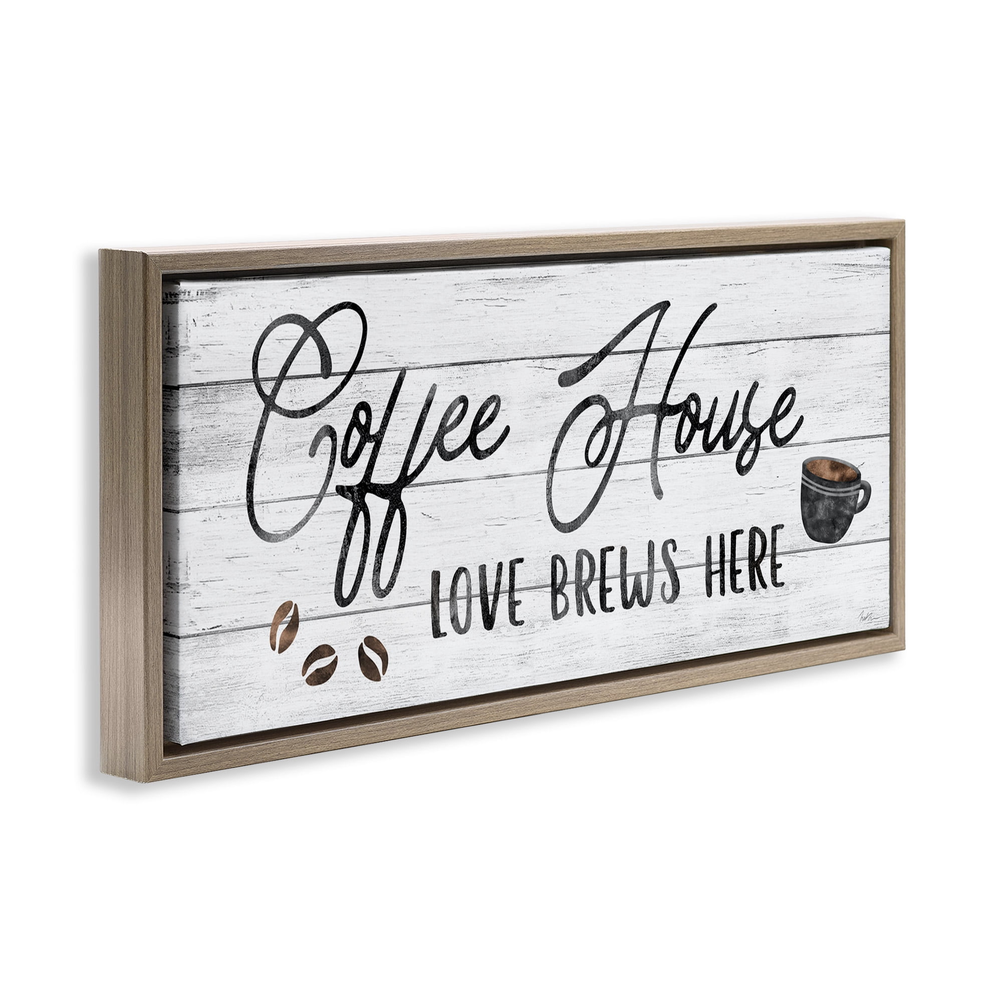 Stupell Industries Coffee House Love Brews Here Food & Beverage Painting Brown Floater Framed Canvas Art Print Wall Art, 31 x 14