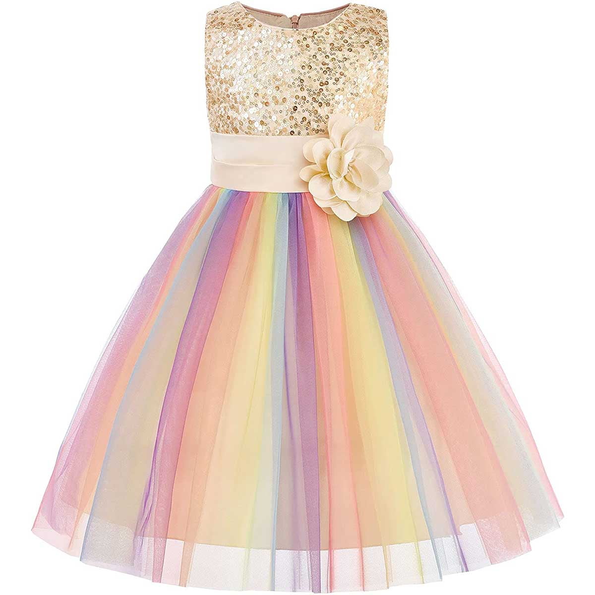 KAWELL Flower Girls Sequence Sequin Rainbow Tulle Wedding Party Dress ...