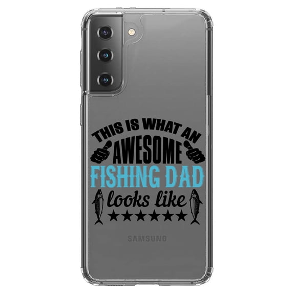 DistinctInk Clear Shockproof Hybrid Case for Galaxy S21 5G (6.2" Screen) - TPU Bumper Acrylic Back Tempered Glass Screen Protector - This is What Awesome Fishing Dad Looks Like