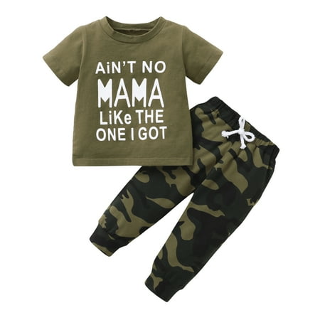 

Kucnuzki 3 Months Baby Boy Summer Outfits Pants Sets 6 Months Short Sleeve Letter Prints Cozy Tops Elastic Camouflage Prints Pants 2PCS Set Green