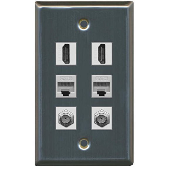 RiteAV - 2 HDMI 2 Port Coax Cable TV- F-Type 2 Port Cat5e Ethernet Wall Plate - Stainless Steel