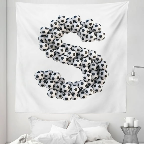 Letter S Tapestry, Footballs in the Form of the Letter S of the Alphabet Hexagon Patterned Balls, Fabric Wall Hanging Decor for Bedroom Living Room Dorm, 5 Sizes, Black and White, by Ambesonne