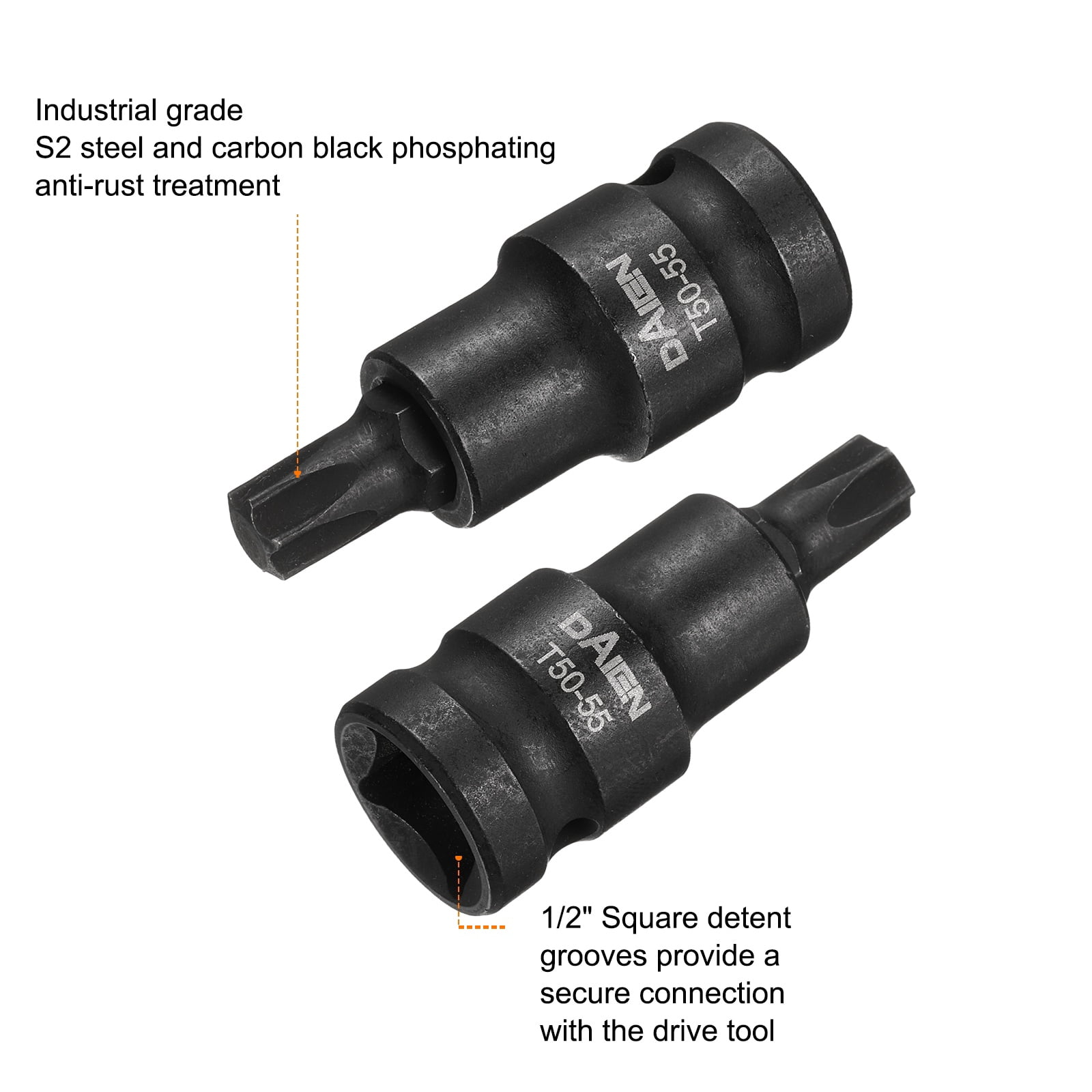 Uxcell 5pcs T50 Torx Bit Socket 55mm/2.17" Length 1/2" Square Drive Star 6 Point Extension Impact Bit Power Nut Driver Set S2 Steel Socket Ratchet Wrench Bits, Black