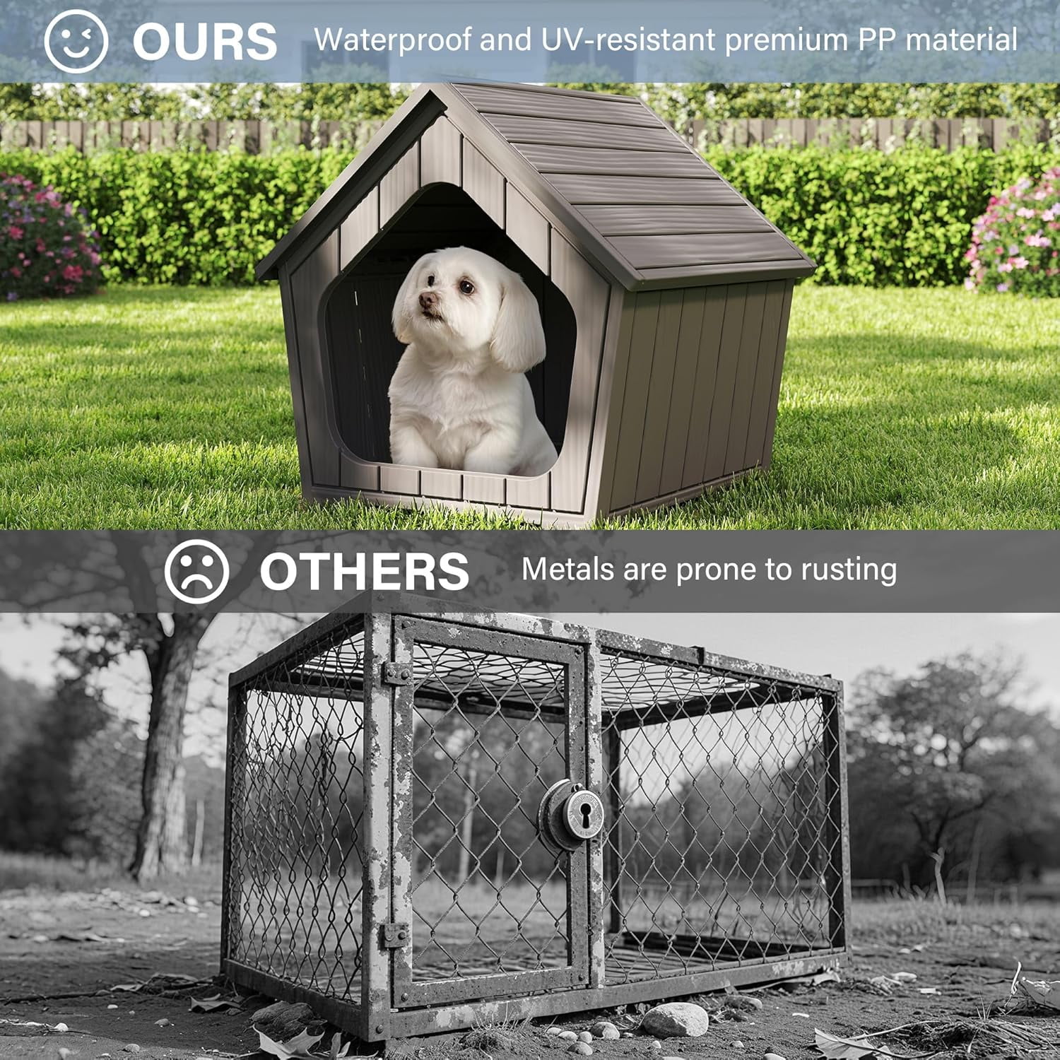 Sunny Lane Dog House Outdoor Indoor for Small Dogs - Plastic Pet Shelter, Easy-Assemble & Weather-Resistant for Living Room, Balcony (Grey, 18" L x 22.4" W x 22.2" H)