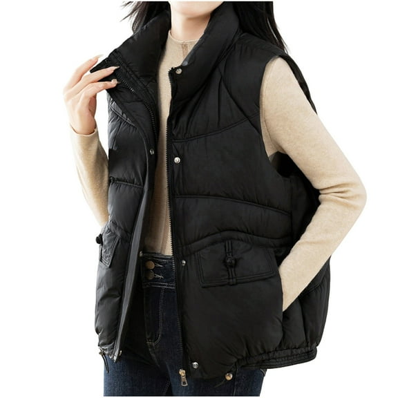 MaFYtyTPR Women's Sleeveless Thin Down Jacket Fashion Solid Color Stand Collar Slim Light Pocket Zipper Down Top Black L