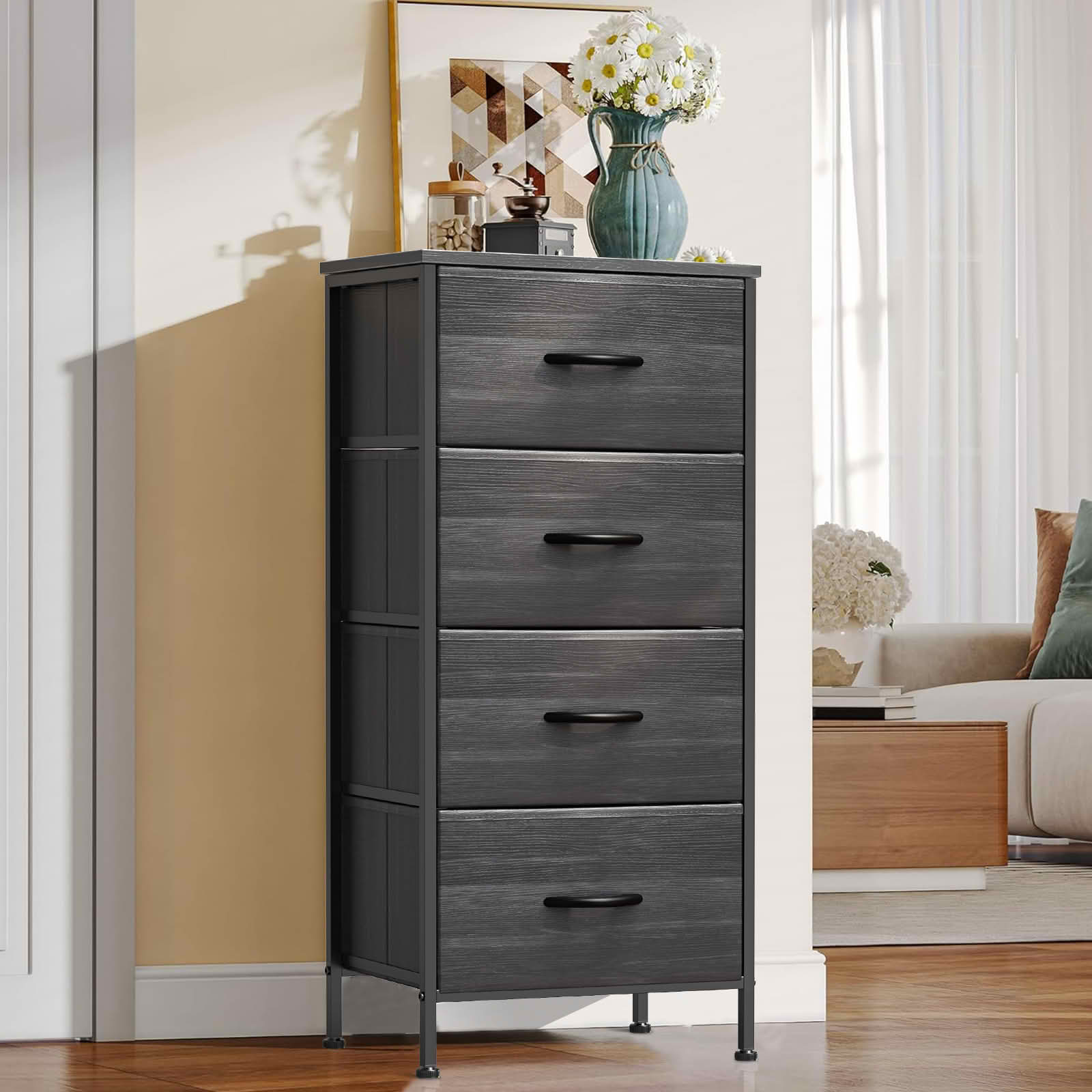 MAYEERTY Fabric Drawer Storage Cabinet with Wooden Top, Multifunctional Nightstand Dresser Sideboard Organizer for Bedroom Closet Hallway
