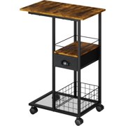 C Shaped Sofa Side Table with Wheels Rolling Small Coffee Table with Drawer Portable TV Tray Table for Couch Bedside Table with Storage Narrow Nightstand for Bedroom End Tables Livin