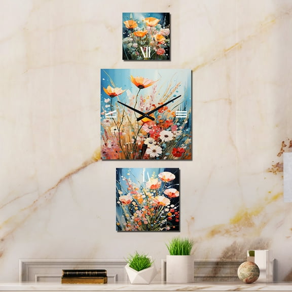 Designart "Wild Harmony in Garden Delights" Plants Oversized Wall Clock - Set Of 3 - Extra large Traditional Clock For Office Décor - Large Vertical Clock