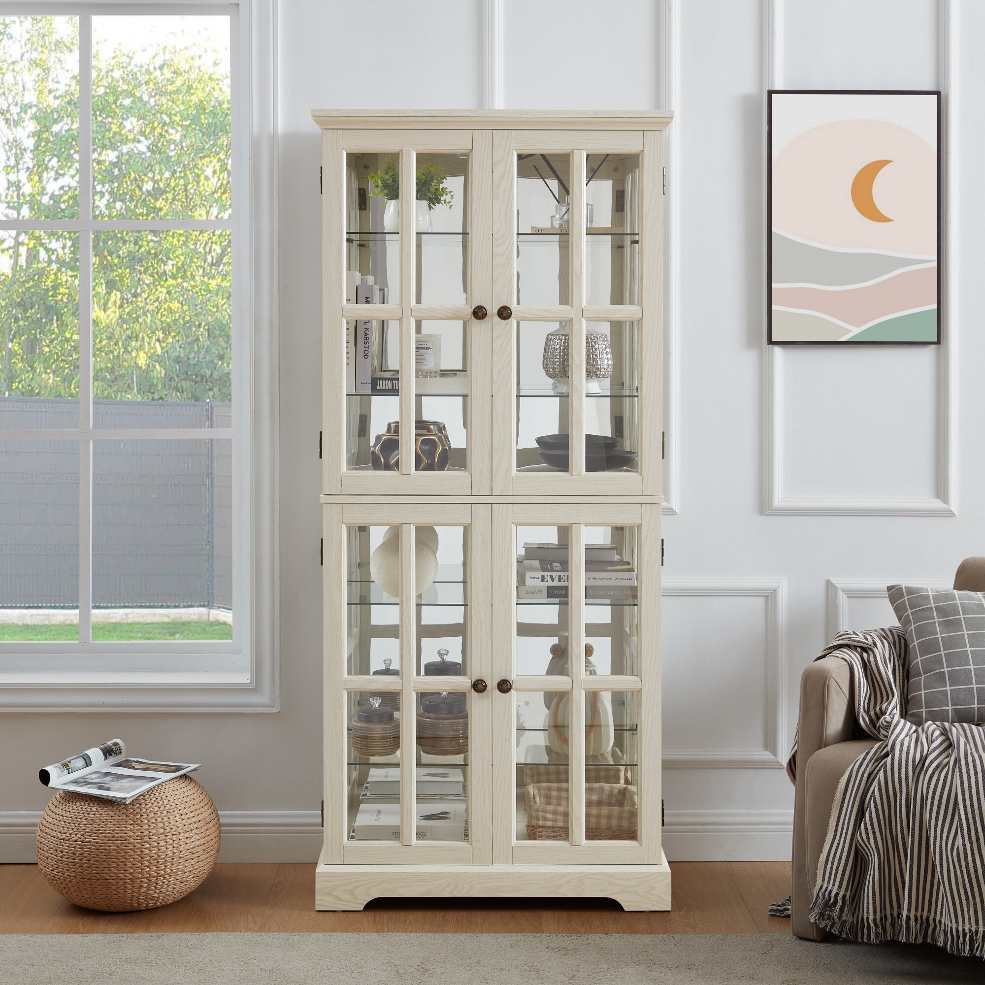 AENKYO 68" Antique Glass Display Case with E26 Bulb & Adjustable Shelves - Elegant Curio Cabinet for Living Room, White