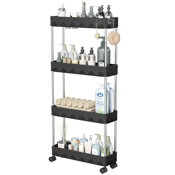 Cshidworld 4 Tier Slim Rolling Storage Cart, Bathroom Storage Organizer, Utility Shelving Unit for Office, Bathroom, Kitchen, Laundry Room & Narrow Places, Black