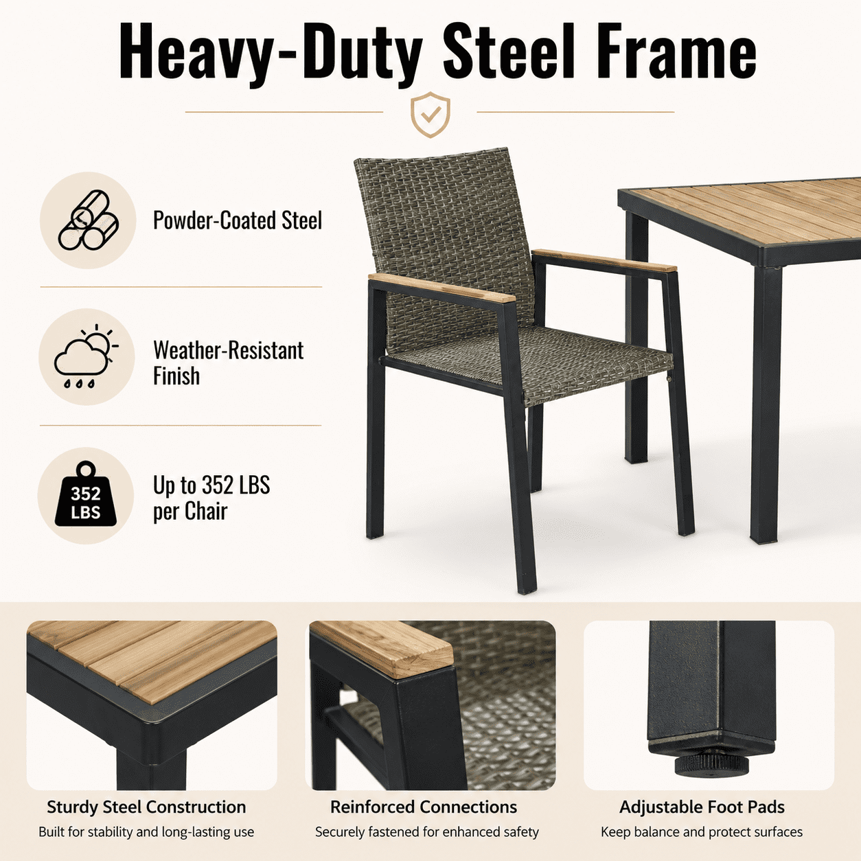 Seizeen 7-Piece Outdoor Table and Chairs, Patio Table Set with 6 Rattan Chairs, All-weather Outdoor Patio Dining Sets Rectangular Metal Table with Acacia Wood Top, Umbrella Hole, Gray