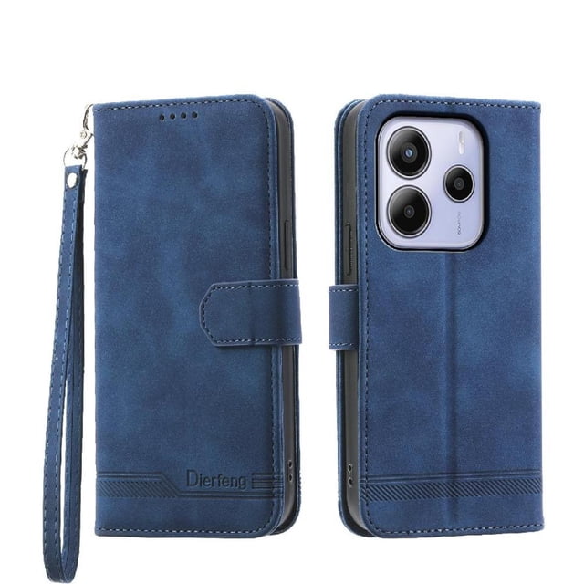 Funda Tipo Billetera para Xiaomi Redmi Note 14 4G Carcasa Abatible con Porta Tarjetas, Bolsillo para Efectivo, Soporte Ajustable, Cierre Magnético y Correa de Muñeca Azul