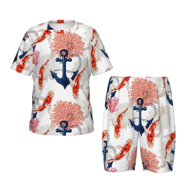 Fotbe Koi Fish And Corals Pijama Estampada de 2 Piezas para Niños – Ropa de Dormir de Manga Corta Cómoda para Niños y Niñas, Camiseta y Shorts de Algodón-Small
