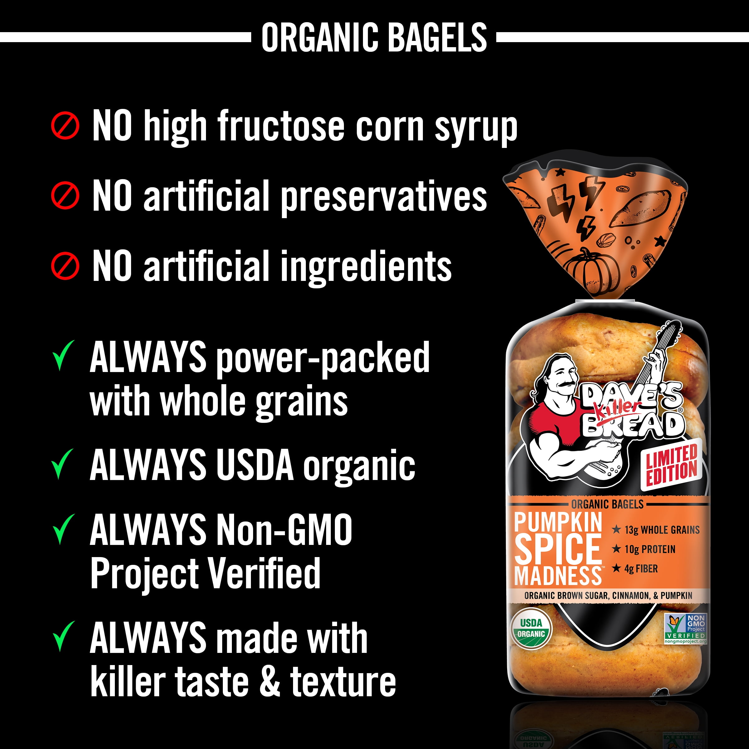 Dave's Killer Bread Pumpkin Spice Madness Bagels, Limited Edition Organic Bagels, 5 Count
