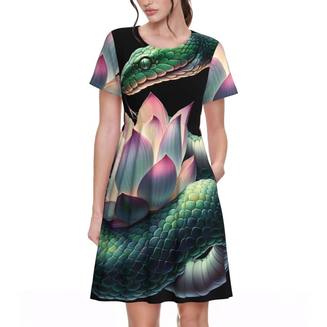 Disketp Snake Holding A Lotus para Vestido de Manga Corta para Mujeres, Vestidos de Verano para Mujeres, Casual y Holgado para la Playa
