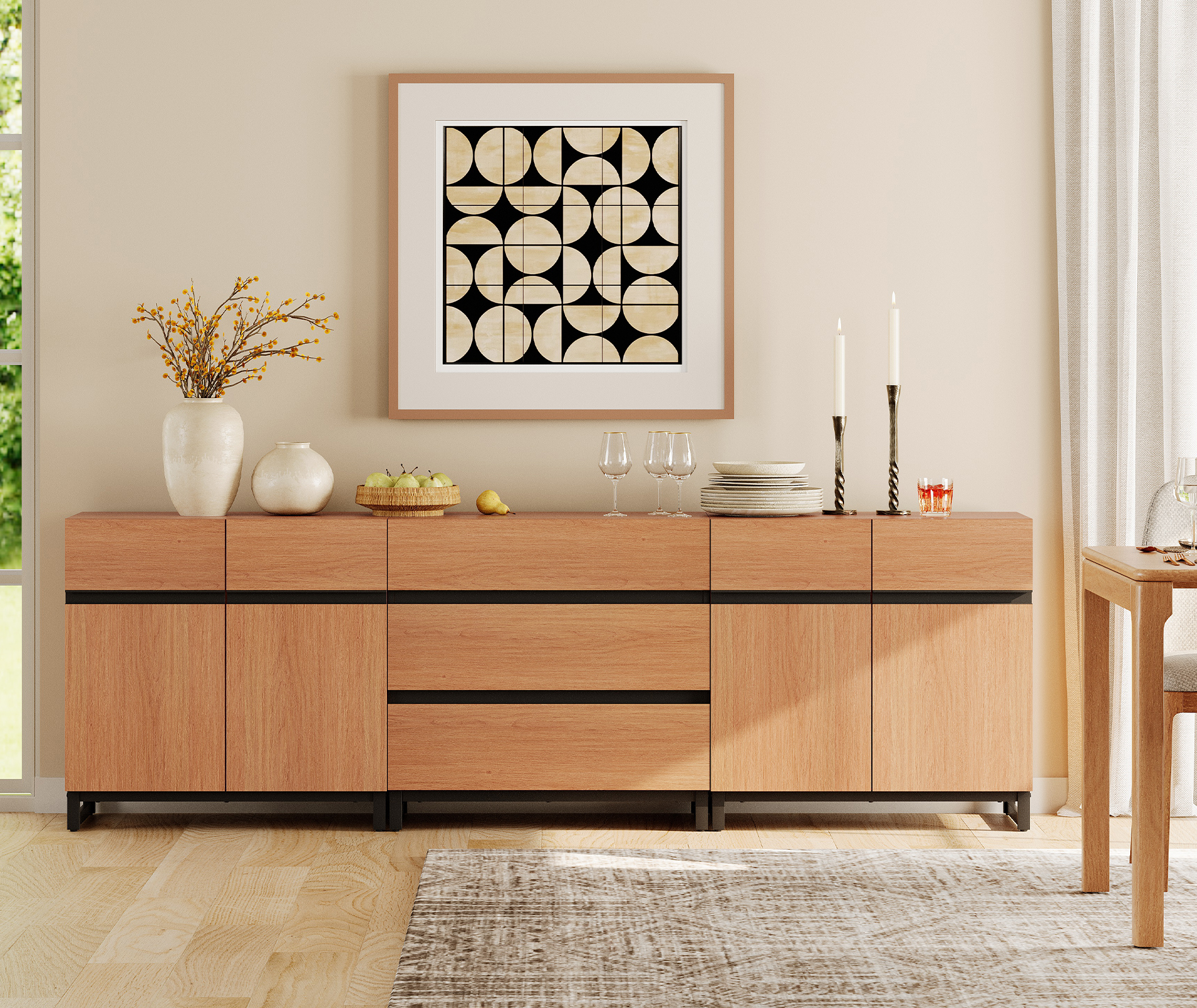 WAMPAT 3 in 1 Modern Sideboard with Adjustable Shelves and 3 Drawers, Coffee Bar Cabinet for Living Room, Kitchen, Mocha