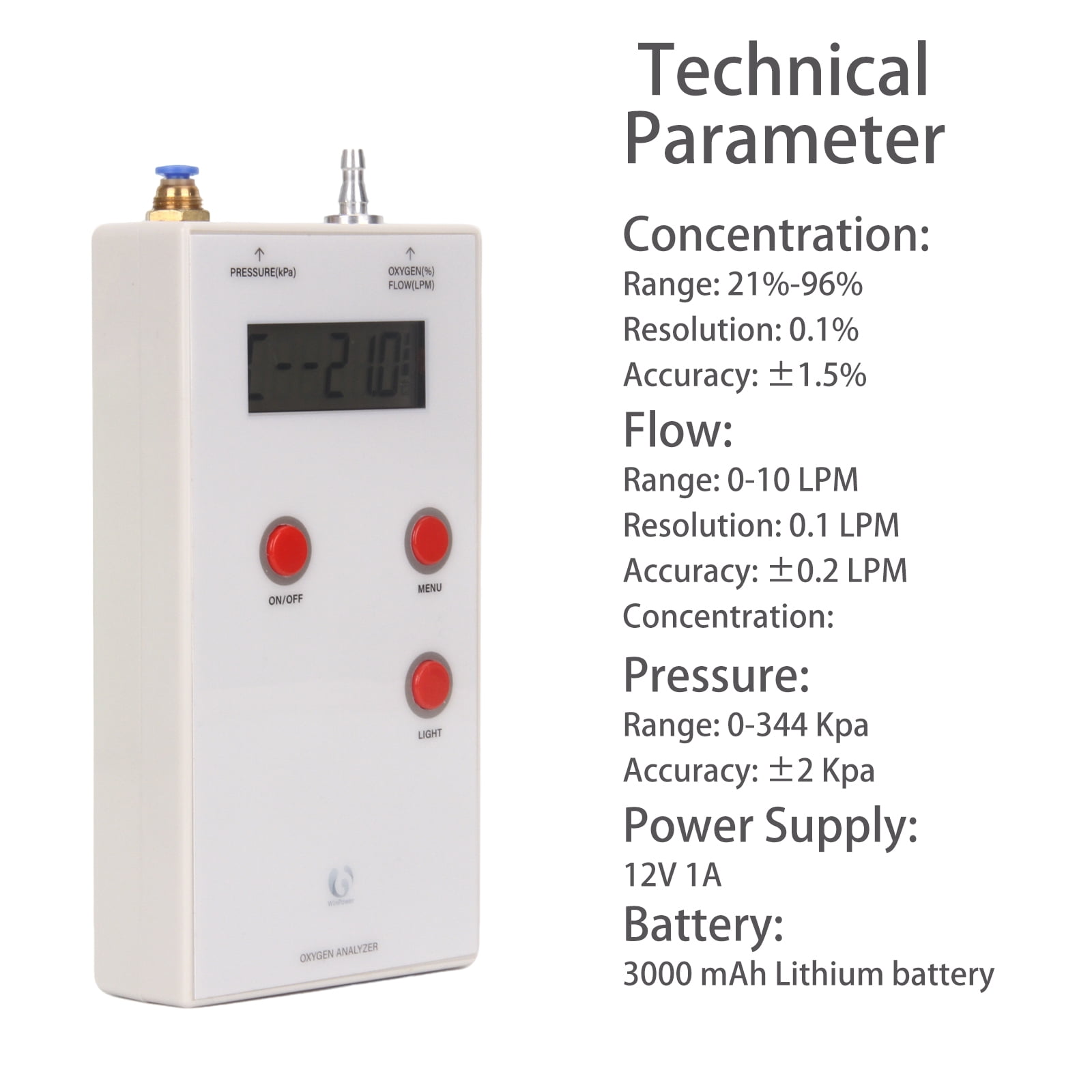 Portable Oxygen Analyzer 3-in-1 Gas Purity Flow Pressure with LCD Backlit Display Oxygen Purity Tester Rechargeable Battery