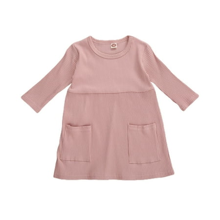 

One opening Kids Dress Solid Color Round Neck Three Quarter Sleeve Dress One-Piece for Girls