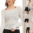 thumbnail image 2 of Women's Open Back Long Sleeve Sheer Workout Crop Top Stretchy Breathable Tie Back Strap Slim Fit Cover Up T-Shirt White L, 2 of 4