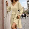 thumbnail image 7 of Lmnyox Women's Flare Mini Dress Long Sleeve V Neck Short Dress Flowy Pleated Summer Casual Dress, 7 of 7