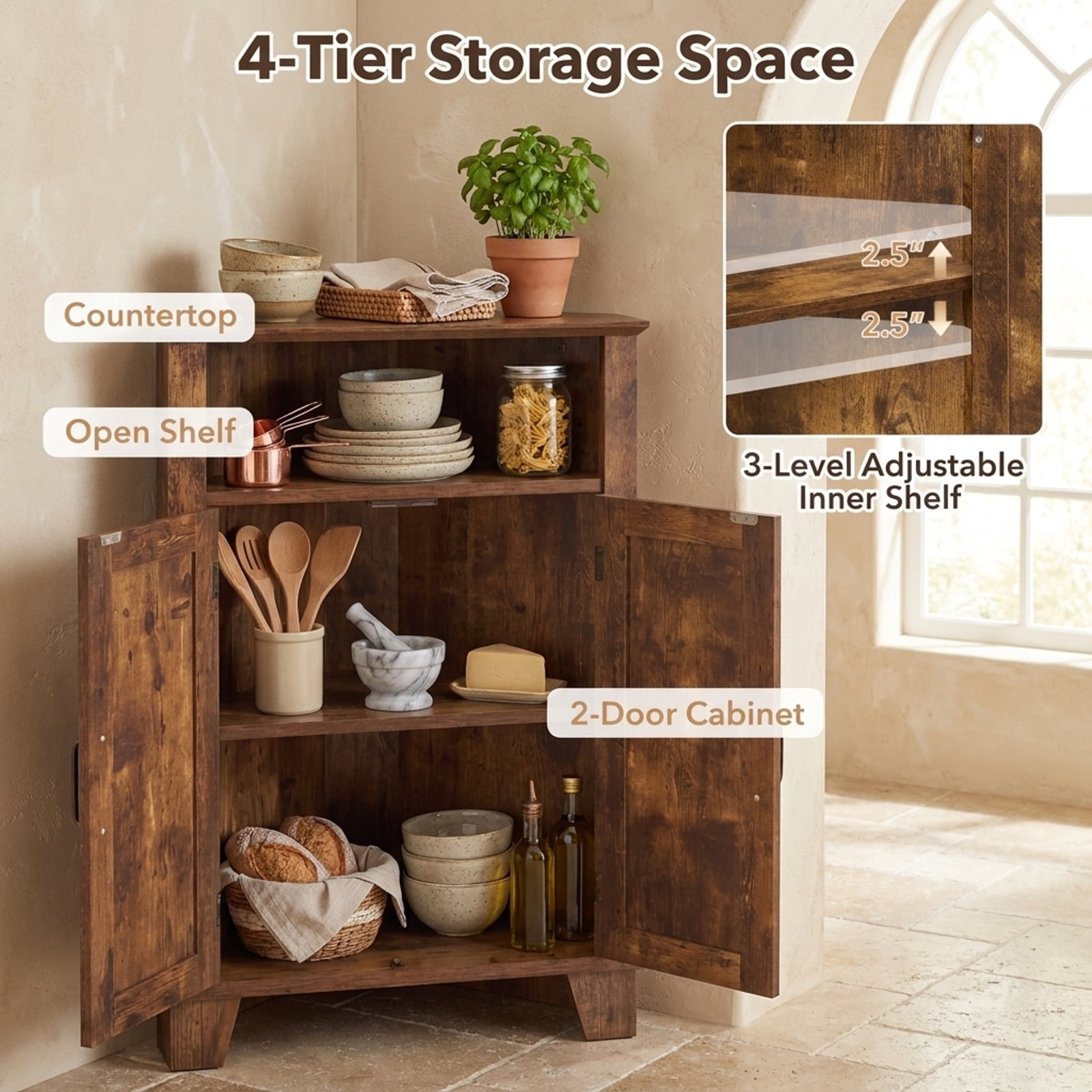 Furnibear 4 Tier Corner Accent Cabinet with Doors Open Shelf and Adjustable Storage for Kitchen Living Room and Entryway, Rustic Brown