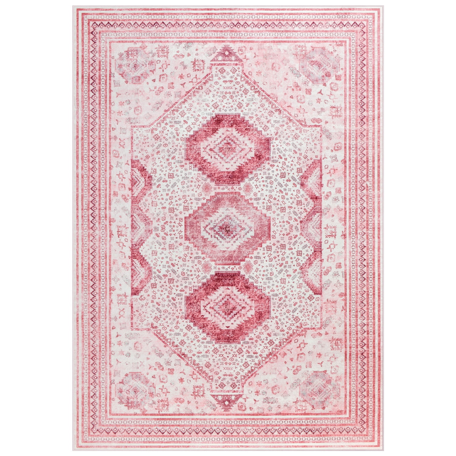 Wondo 4x6 Area Rugs for Living Room, Washable Area Rug, Rugs for Bedroom, Kitchen Rugs, Vintage Boho Carpet, Soft Non-Slip, Low Pile Area Rug for Office Dining Room, Pink
