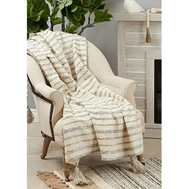 Fennco Styles Black & White Striped Woven Throw Blanket with Tassel 50" W x 60" L – Neutral Blanket for Couch, Bedroom and Living Room Décor