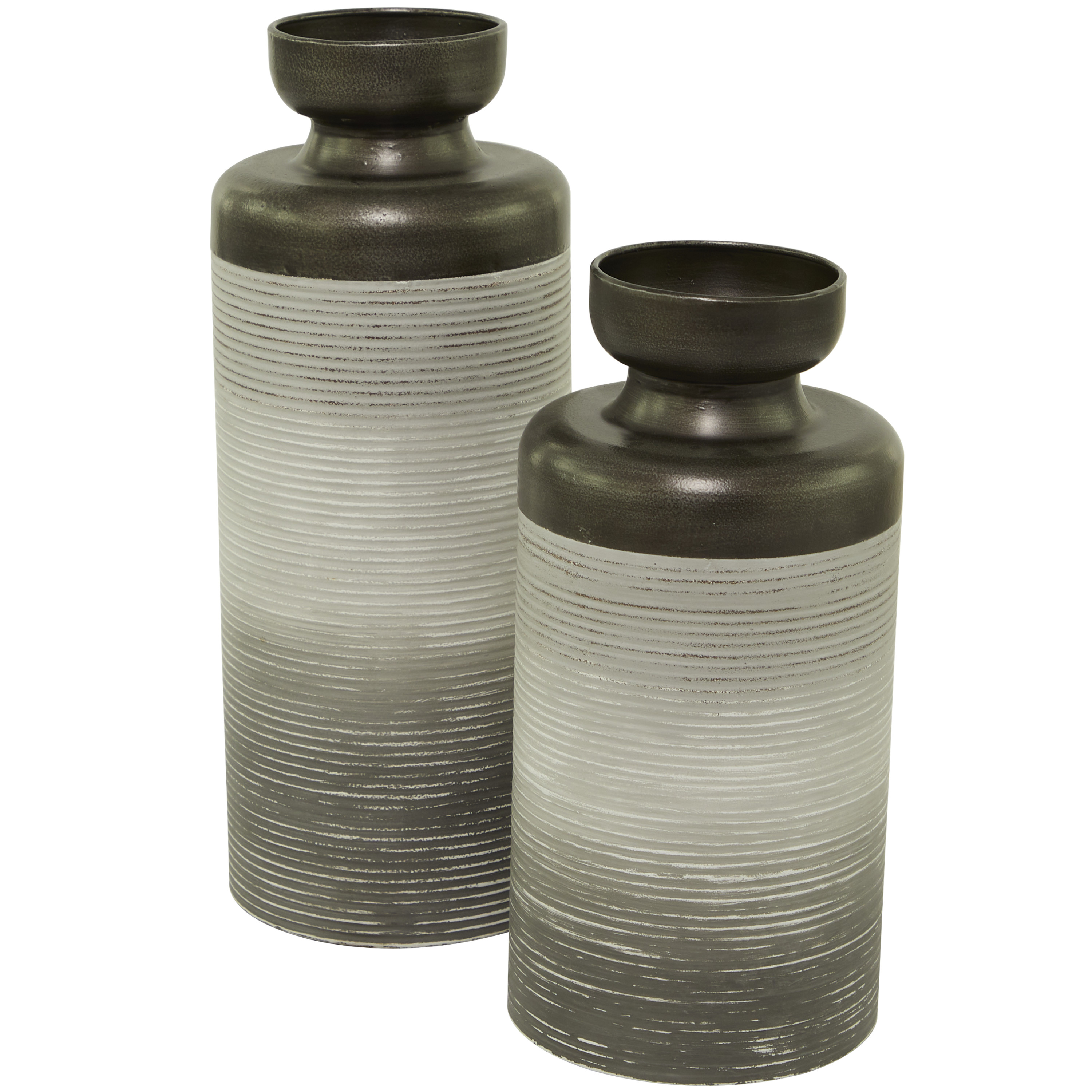 DecMode 16", 13"H Bronze Metal Vase with Embossed Ribbing, Set of 2