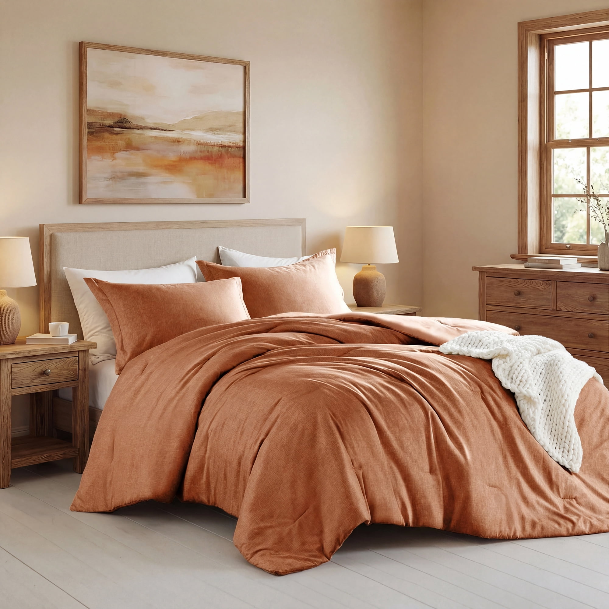 Regency Heights Full/Queen Comforter Sets, Reversible 3 Piece Extra Soft Bedding Set, Chambray Print Burnt Orange Comforter Bed Set with Pillow Shams
