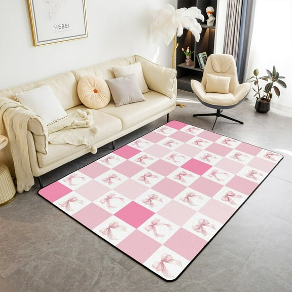 Cute Bowknot Area Rug,Dreamy Butterfly Knot Princess Castle Indoor Floor Mat Entrance Rug,Geometric Grids Patchwork Non Slip Rug,Pink Chairs Couch Living Room Decor 3x4ft