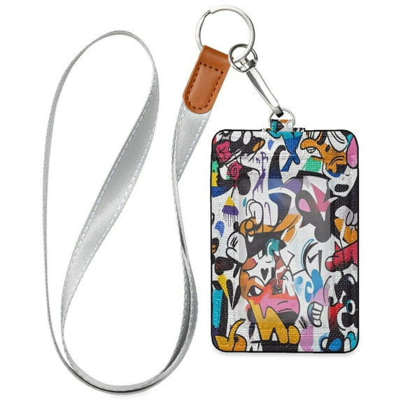 PU Leather ID Badge Holder Stylish Badge Holders with Lanyard (4.3x2.8x0.3in) for Cards & Credentials Graffiti Art
