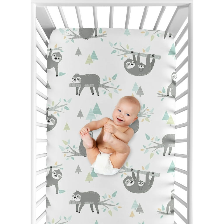 Sweet Jojo Designs Blue and Grey Jungle Sloth Leaf Unisex Boy or Girl Baby or Toddler Nursery Fitted Crib Sheet Turquoise Gray and Green Botanical