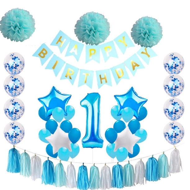Kit de globos azules para primer cumpleaños, 52 unidades, con pompones de papel y látex