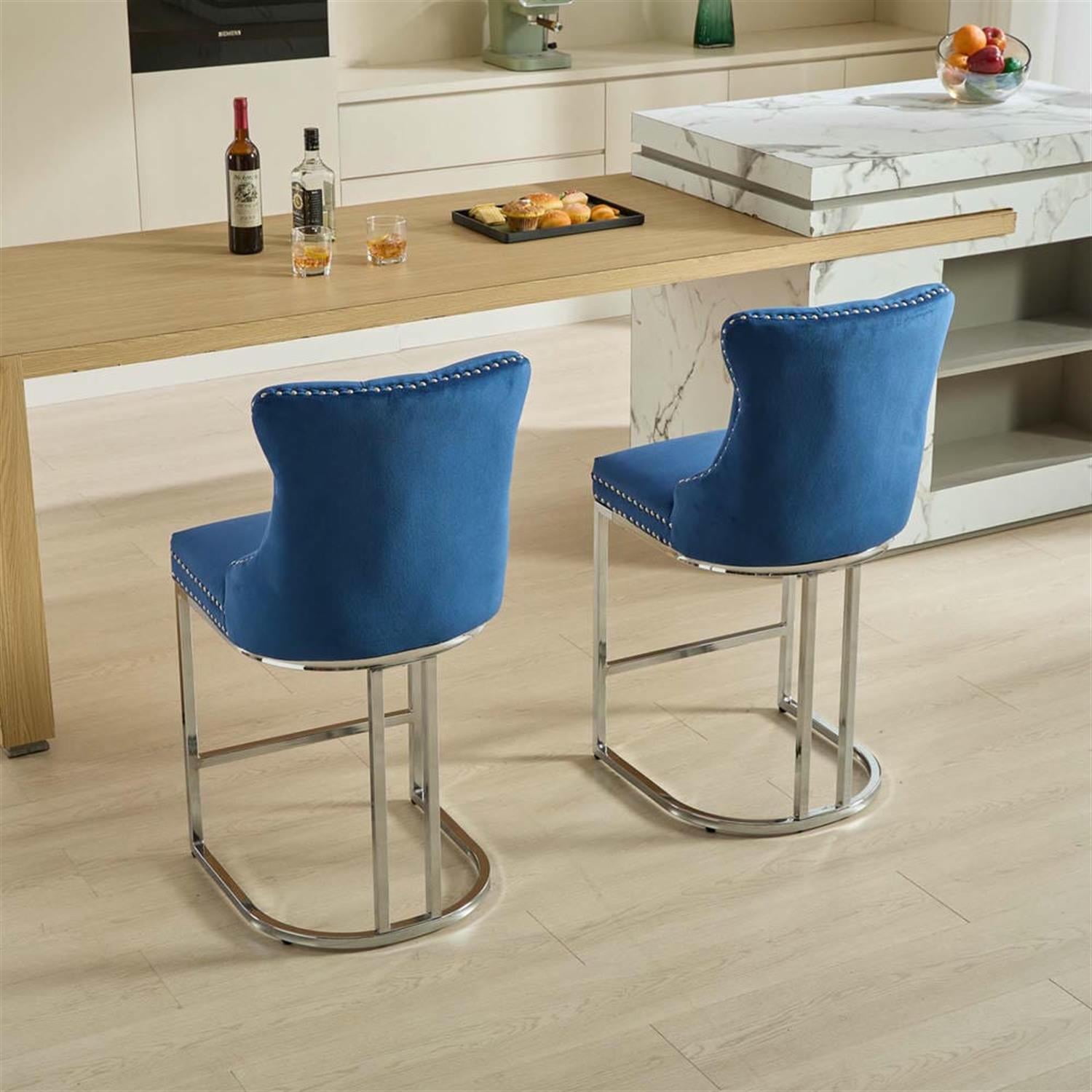Demi Bonn 38" Counter Height Bar Stools Set of 2, Velvet Barstools with Button Back, Kitchen Island Countertop Chairs for Dining Room, Blue