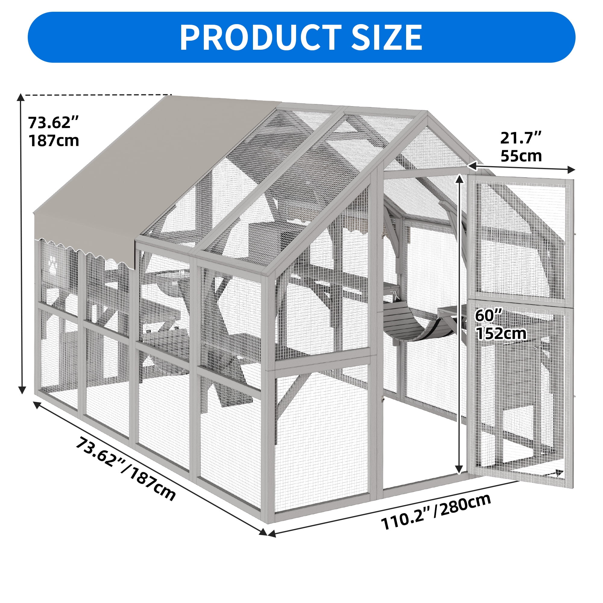 Dextrus 110" 56ft² Large Catio Outdoor Cat Enclosure, Multi Cats Cat House Weatherproof, Small Animals House Outdoor for 6-8 Cats