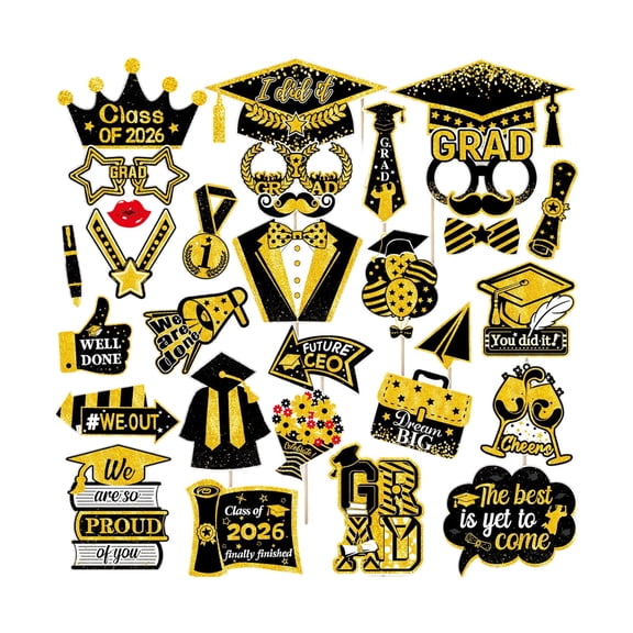 2026 Graduation Selfie Photo Booth Frame Black and Gold with Graduation Photo Booth Props, Upgraded Version with Support Cardboard, 2026 Grad Party Pose Sign