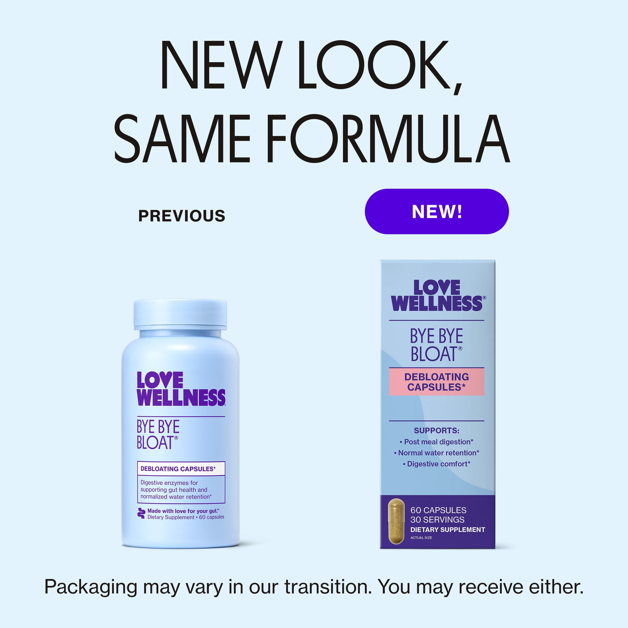 Love Wellness Bye Bye Bloat, Bloating Relief for Women, Debloating Capsules, 60 Count