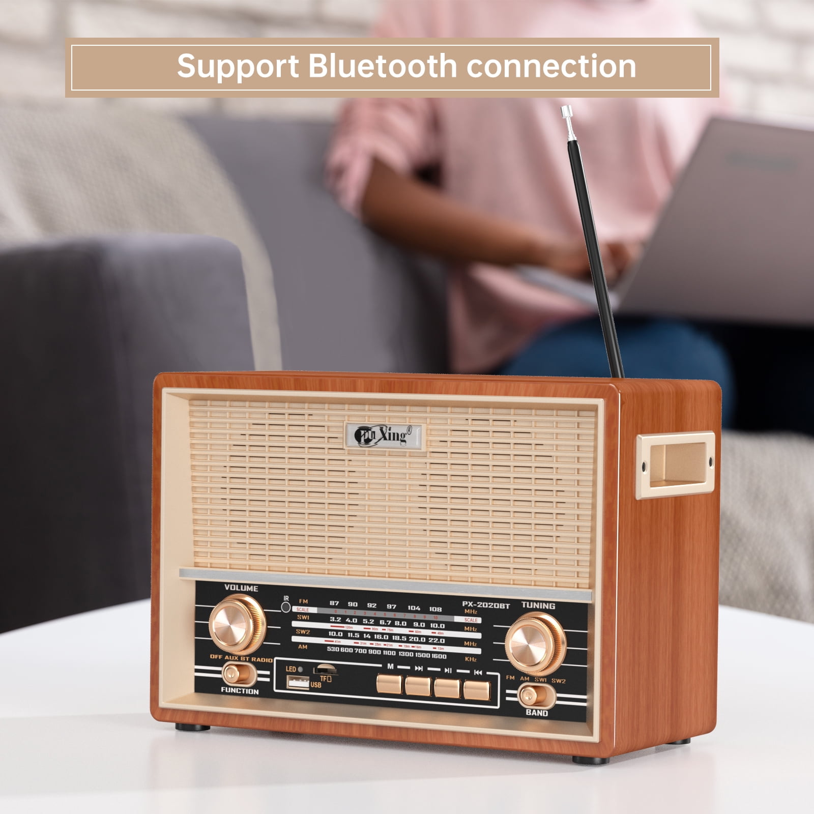 AM FM Radio Retro Table Top Radio, Portable Speaker Plug in Wall, Reception with AUX, Headphone Jack for Home Outdoor Office