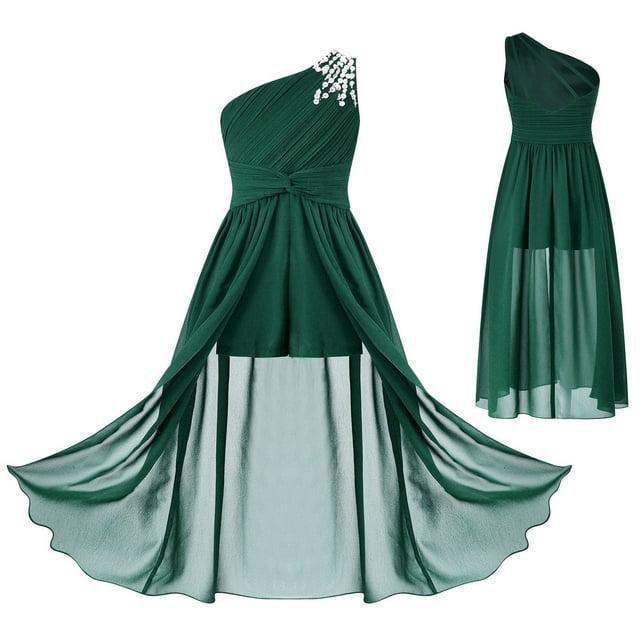 Alvivi Robe de Soirée Maxi en Chiffon Froncé à une Épaule pour Filles, Vert 10