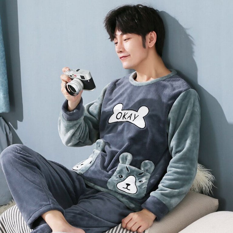 Men's Winter Thicken Warm Flannel Pajamas Sets Male Long Sleeve