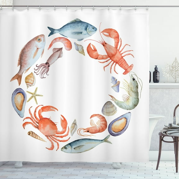 Ambesonne Lobster Shower Curtain, Aquarelle Tasty Seafood, 69"Wx70"L, Multicolor