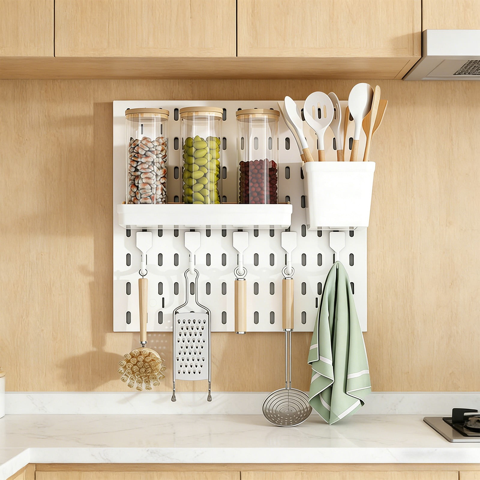 No Drill Pegboard Wall Mount Organization Set Includes Panel Container Shelf And Hooks For A Complete Customizable Storage System In Your Kitchen
