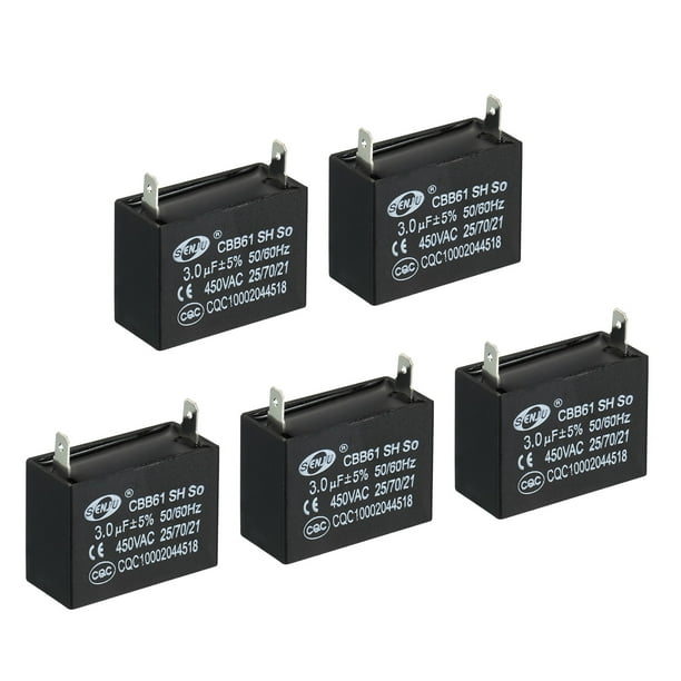 Capacitor para ventilador de techo Uxcell CBB61 para ventiladores de campana extractora 5 Pcs 3uF 450V CA 50/60HZ con 2 pines 1.48 x 1.17 x 1.09 pulgadas