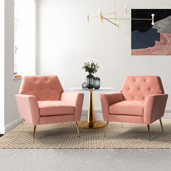 Upholstered Velvet Armchair Set of 2 Lounge Accent Chair Tufted Back Metal Legs Bedroom Adult Pink