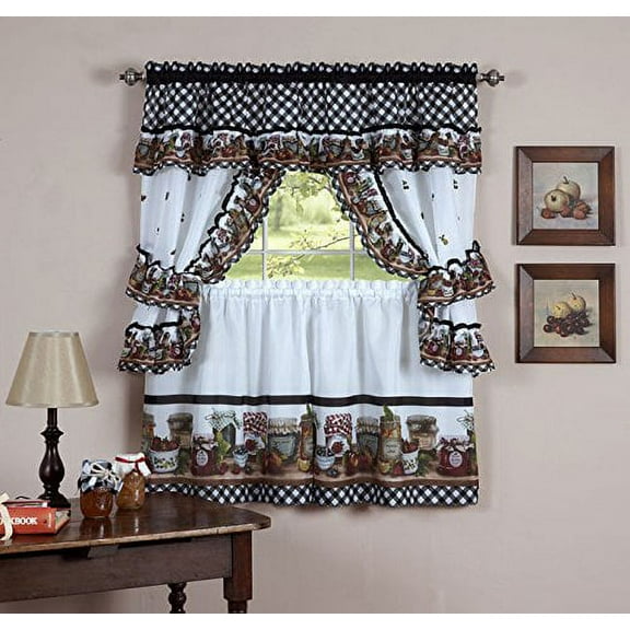Park Avenue Collection Mason Jars Set - 57x24 Tier Pair/57x36 Tailored Topper with attached valance and tiebacks. - Black/White