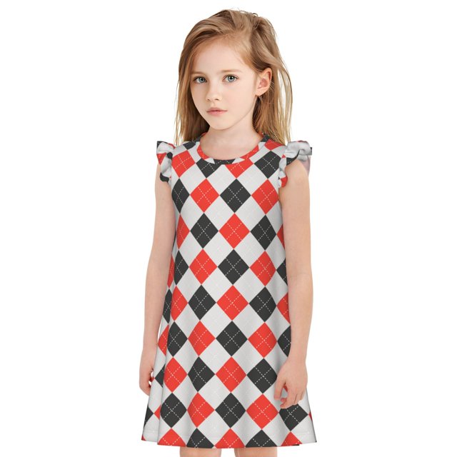 Fotbe Red and black argyle Vestido de Dormir para Niñas de 3 a 10 Años, Mangas Cortas, Estilo Princesa, Pijama Camisón con Mangas Voladas-X-Large