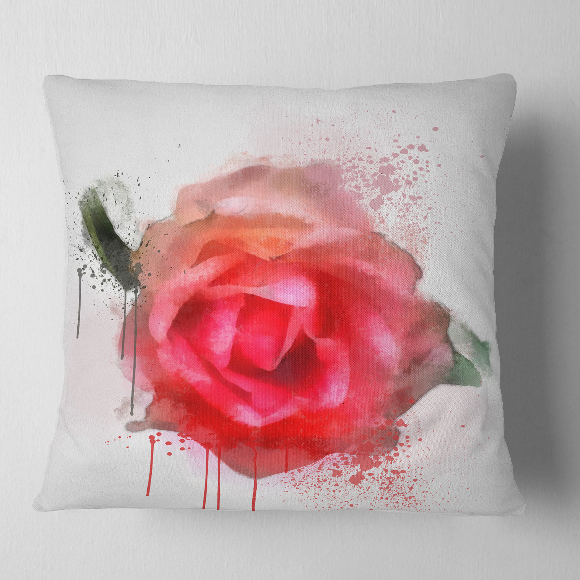 Designart Beautiful Red Rose Watercolor - Floral Throw Pillow - 16x16