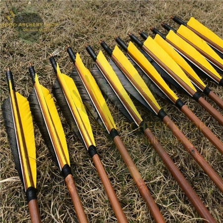 Medieval Bamboo Traditional Wooden Hunting Archery Arrow For Recurve Longbow Bow Shoot with Yellow Black Turkey Feathers Christmas Gift