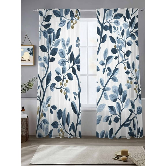 Navy Blue Botanical Sheer Curtains for Living Room Bedroom Summer Spring Leaves Sheer Curtains 108 Inch Long 2 Panels Set Light Filtering Curtain Window Treatments Drapes for Dining Room